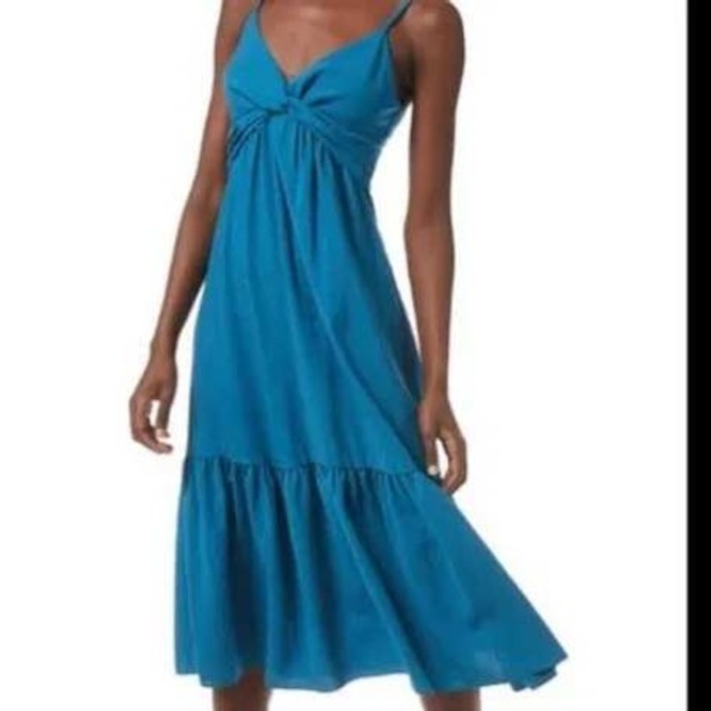 Banana Republic Dress Size 6 Teal Twist Front Midi V-Neck Sleeveless Ruffle Hem